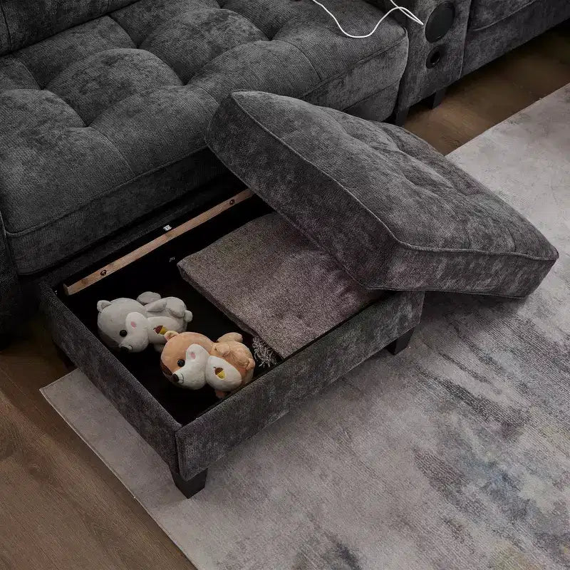Canapé d'angle 126" avec console centrale, porte-gobelets, section en U, haut-parleurs Bluetooth intégrés et 2 poufs de rangement pour salon