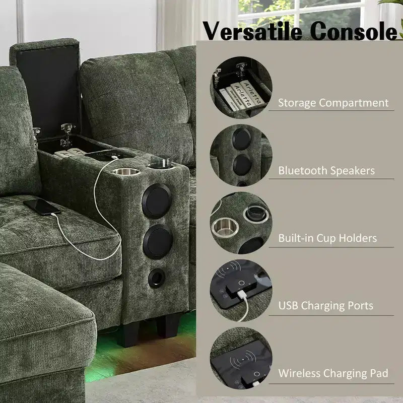 Canapé d'angle 126" avec console centrale, porte-gobelets, section en U, haut-parleurs Bluetooth intégrés et 2 poufs de rangement pour salon