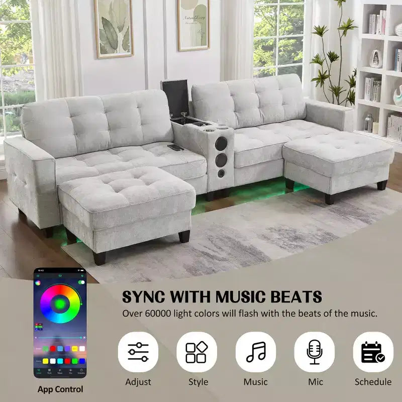 Canapé d'angle 126" avec console centrale, porte-gobelets, section en U, haut-parleurs Bluetooth intégrés et 2 poufs de rangement pour salon