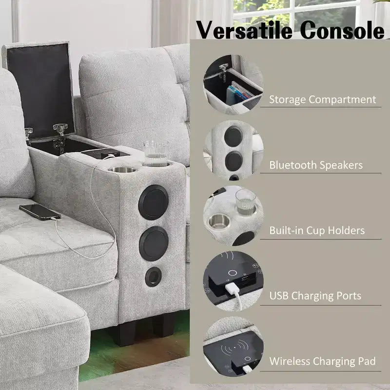 Canapé d'angle 126" avec console centrale, porte-gobelets, section en U, haut-parleurs Bluetooth intégrés et 2 poufs de rangement pour salon