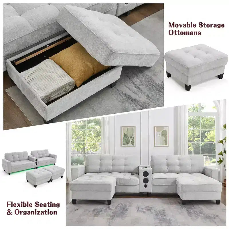Canapé d'angle 126" avec console centrale, porte-gobelets, section en U, haut-parleurs Bluetooth intégrés et 2 poufs de rangement pour salon