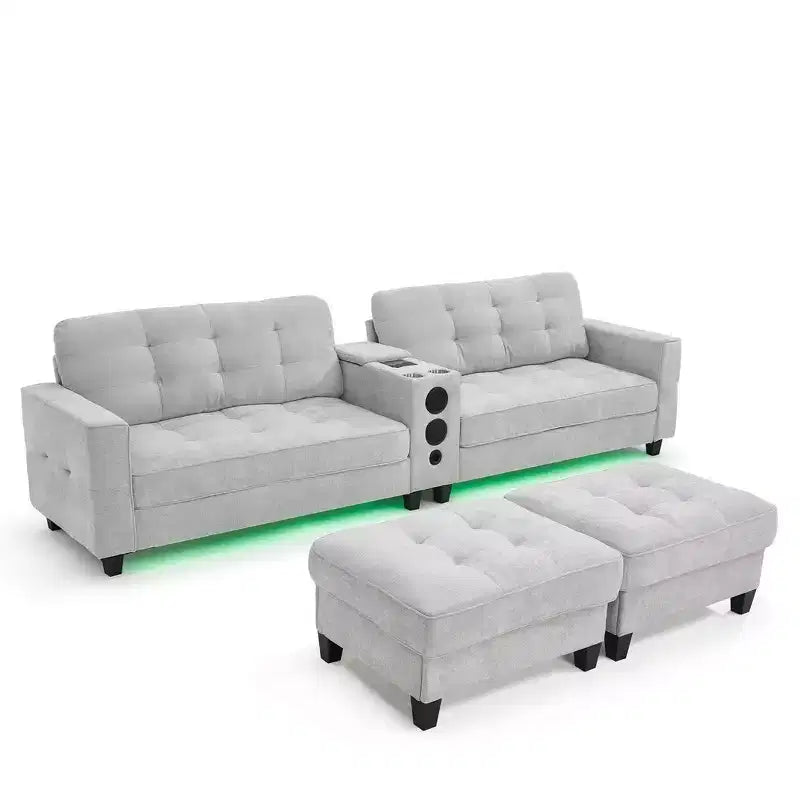 Canapé d'angle 126" avec console centrale, porte-gobelets, section en U, haut-parleurs Bluetooth intégrés et 2 poufs de rangement pour salon