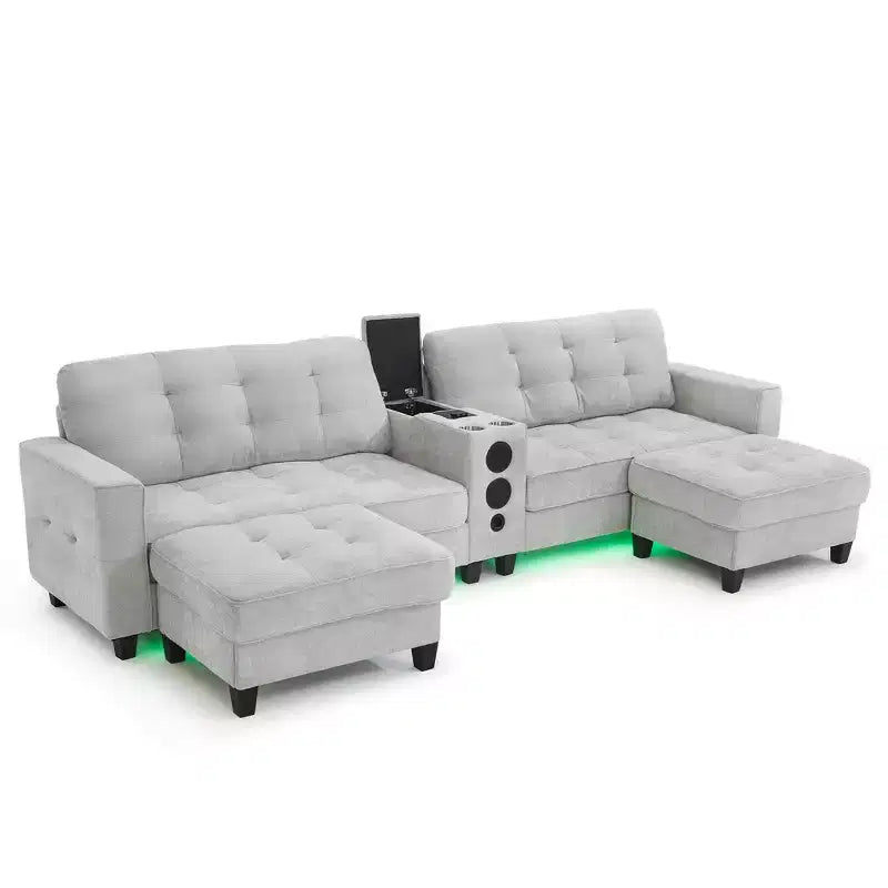 Canapé d'angle 126" avec console centrale, porte-gobelets, section en U, haut-parleurs Bluetooth intégrés et 2 poufs de rangement pour salon