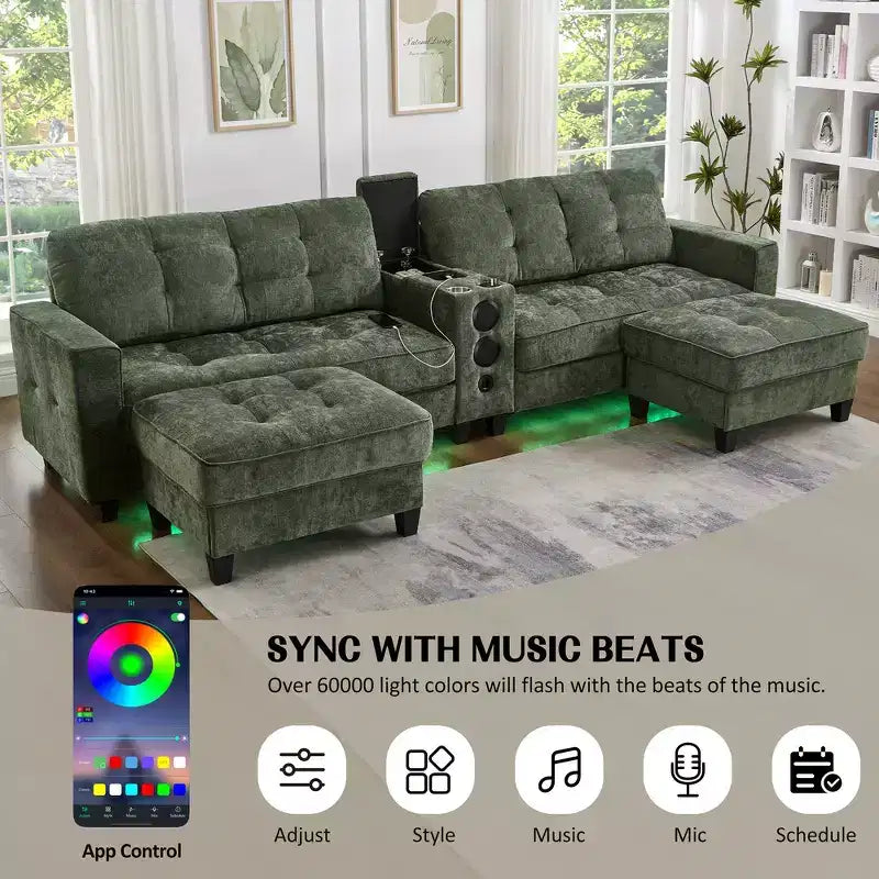 Canapé d'angle 126" avec console centrale, porte-gobelets, section en U, haut-parleurs Bluetooth intégrés et 2 poufs de rangement pour salon