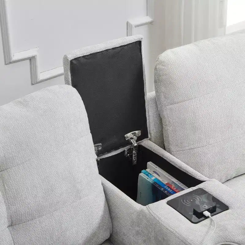 Canapé d'angle 126" avec console centrale, porte-gobelets, section en U, haut-parleurs Bluetooth intégrés et 2 poufs de rangement pour salon