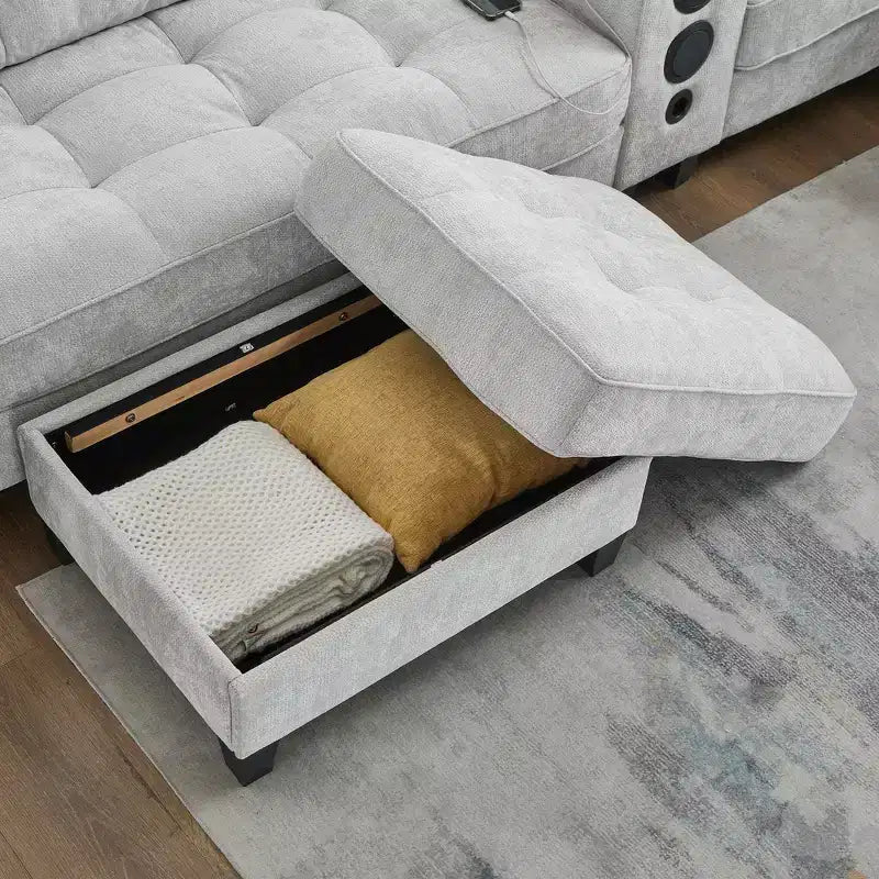 Canapé d'angle 126" avec console centrale, porte-gobelets, section en U, haut-parleurs Bluetooth intégrés et 2 poufs de rangement pour salon