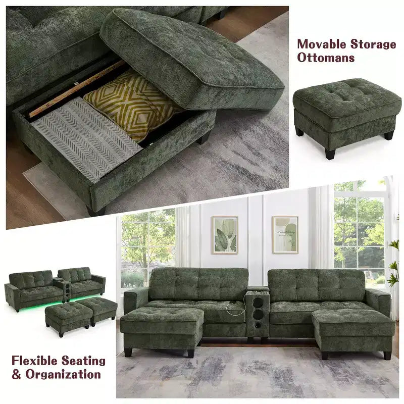 Canapé d'angle 126" avec console centrale, porte-gobelets, section en U, haut-parleurs Bluetooth intégrés et 2 poufs de rangement pour salon