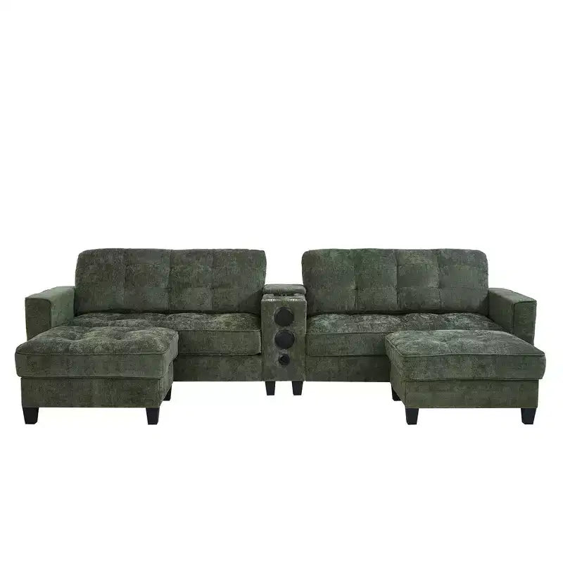 Canapé d'angle 126" avec console centrale, porte-gobelets, section en U, haut-parleurs Bluetooth intégrés et 2 poufs de rangement pour salon