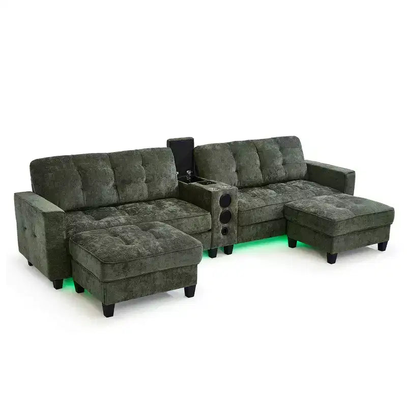 Canapé d'angle 126" avec console centrale, porte-gobelets, section en U, haut-parleurs Bluetooth intégrés et 2 poufs de rangement pour salon