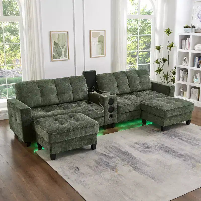 Whisen 126 Sectional Sofa with Center Console, Cup Holders, U-shaped Sectional, Built-in Bluetooth Speakers, and 2 Storage Ottomans for Living Room