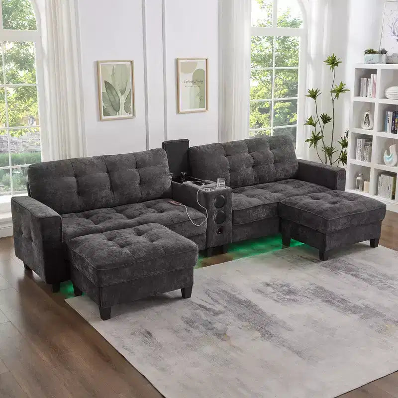 Canapé d'angle 126" avec console centrale, porte-gobelets, section en U, haut-parleurs Bluetooth intégrés et 2 poufs de rangement pour salon