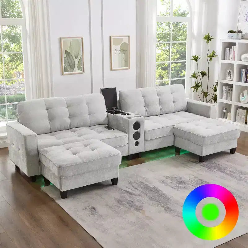 Canapé d'angle 126" avec console centrale, porte-gobelets, section en U, haut-parleurs Bluetooth intégrés et 2 poufs de rangement pour salon