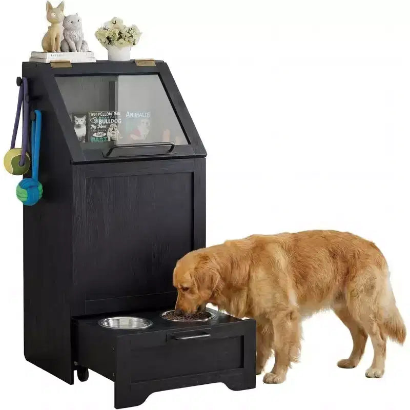 Integrated Elevated Dog Feeding Station, Collapsible Top Dog Food Container, Modern Dining Table Pet Furniture, for Kitchen, Dining Room