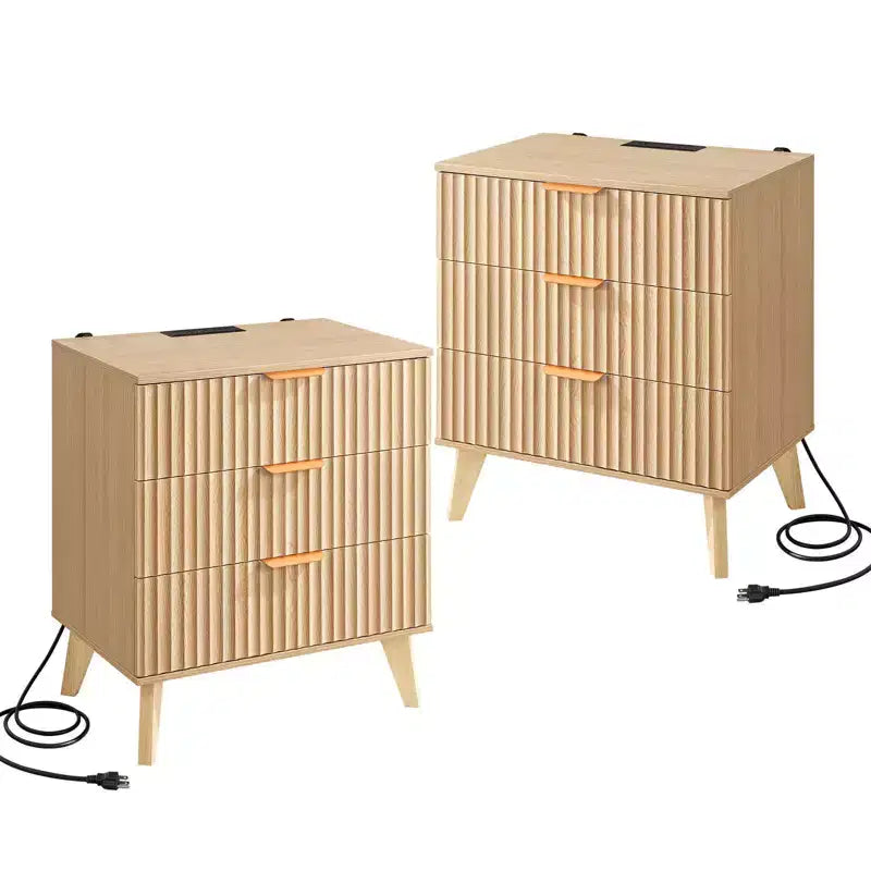 VEVOR Fluted Nightstands with Charging Station, Set of 2, Dresser for Bedroom with 3 Drawers, Mid Century Modern End Table, Chest of Dresser, Brown
