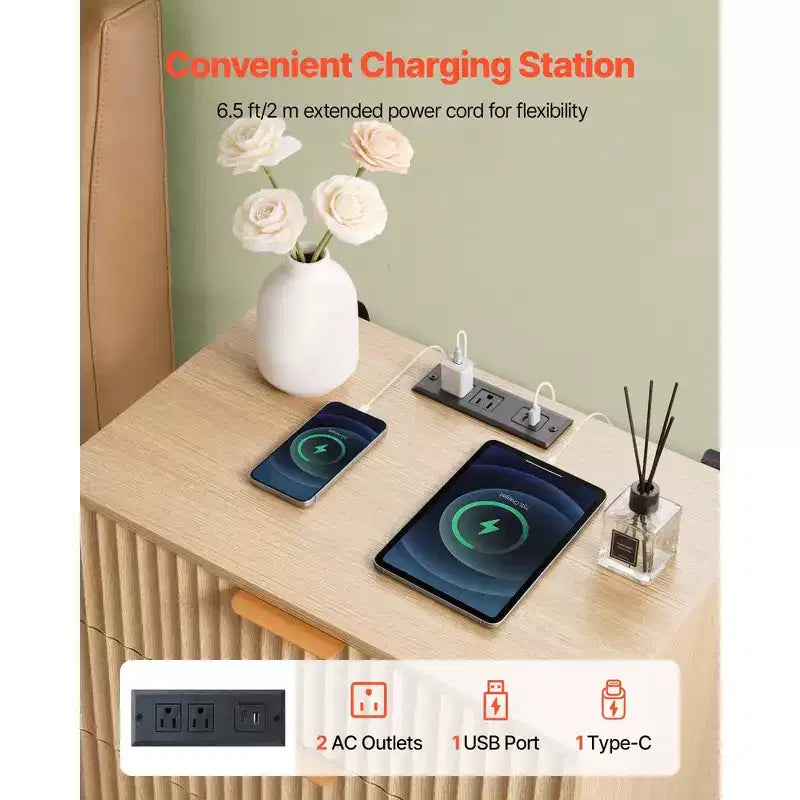 Tables de nuit cannelées avec station de recharge, ensemble de 2, Commode de chambre à coucher avec 3 tiroirs, Table d'appoint moderne du milieu du siècle, Commode, Marron