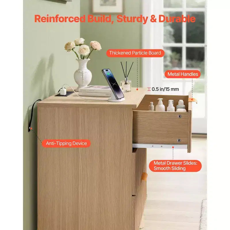 Tables de nuit cannelées avec station de recharge, ensemble de 2, Commode de chambre à coucher avec 3 tiroirs, Table d'appoint moderne du milieu du siècle, Commode, Marron