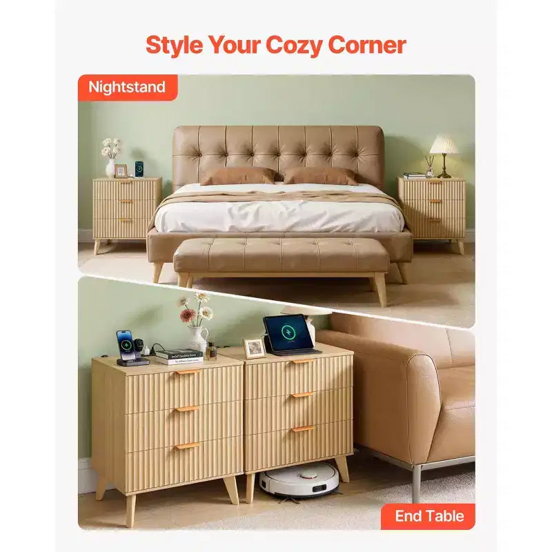 Tables de nuit cannelées avec station de recharge, ensemble de 2, Commode de chambre à coucher avec 3 tiroirs, Table d'appoint moderne du milieu du siècle, Commode, Marron