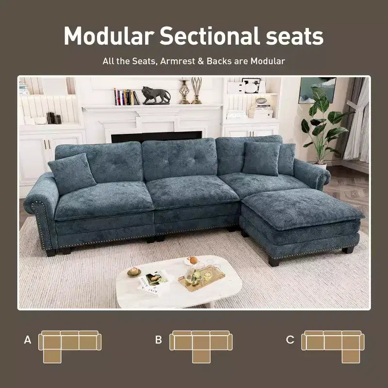Canapé d'intérieur rembourré avec pouf, cadre en bois massif, assise à ressorts ensachés et coussins décoratifs