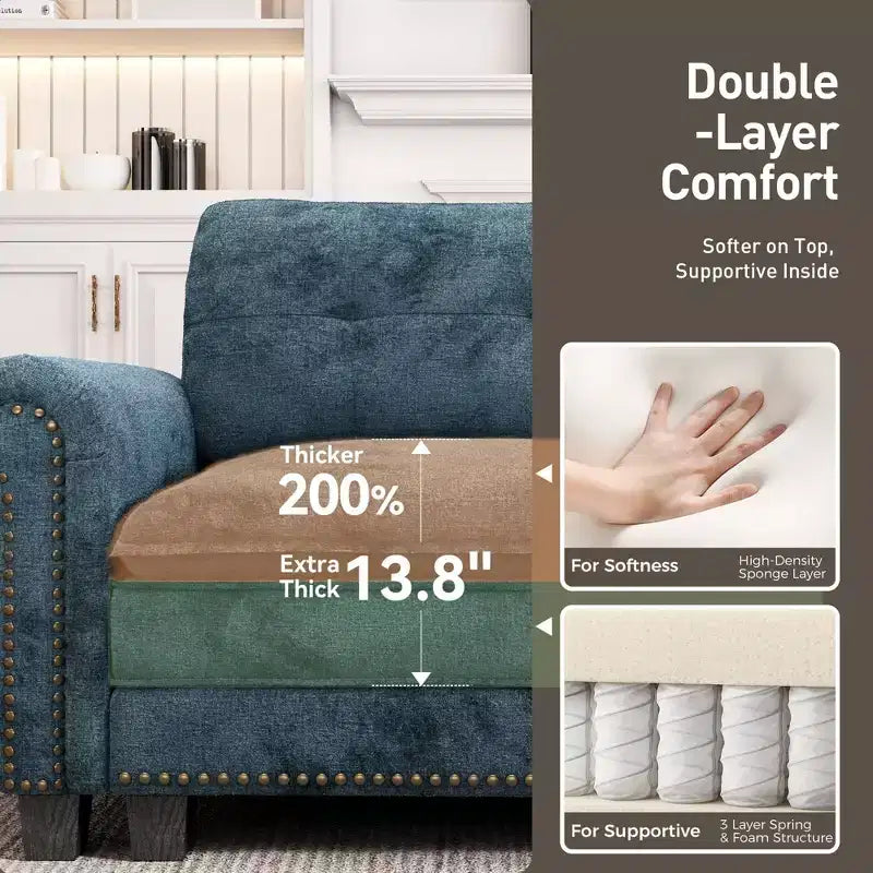 Canapé d'intérieur rembourré avec pouf, cadre en bois massif, assise à ressorts ensachés et coussins décoratifs