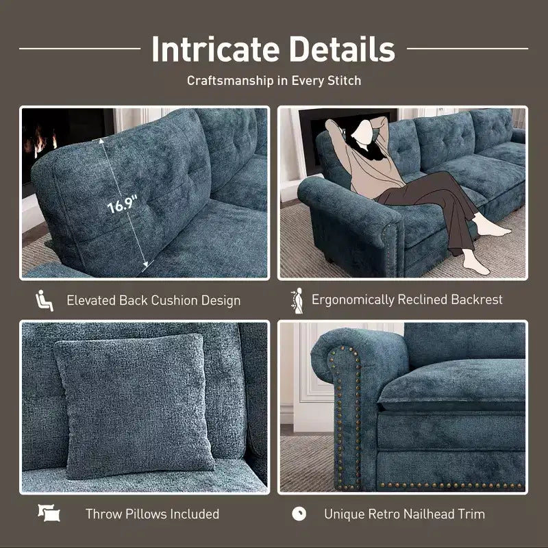 Canapé d'intérieur rembourré avec pouf, cadre en bois massif, assise à ressorts ensachés et coussins décoratifs