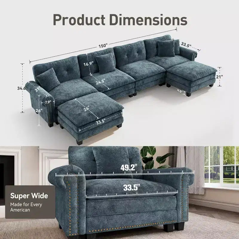 Canapé d'intérieur rembourré avec pouf, cadre en bois massif, assise à ressorts ensachés et coussins décoratifs