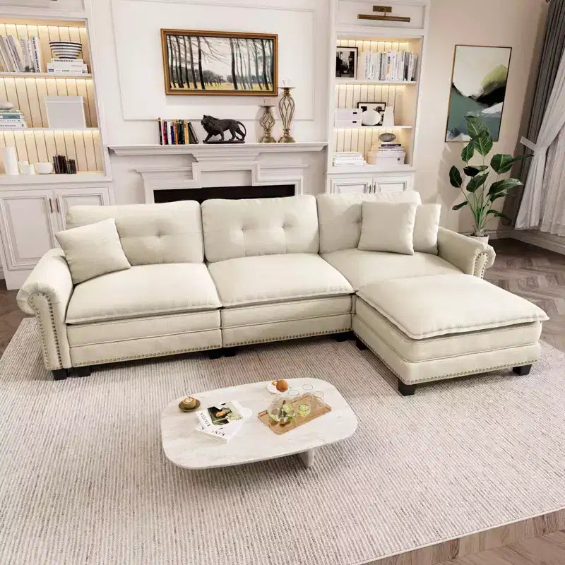 Captiva Designs Upholstered Indoor Sofa with Ottoman, Solid Wood Frame, Pocket Spring Seat & Throw Pillows