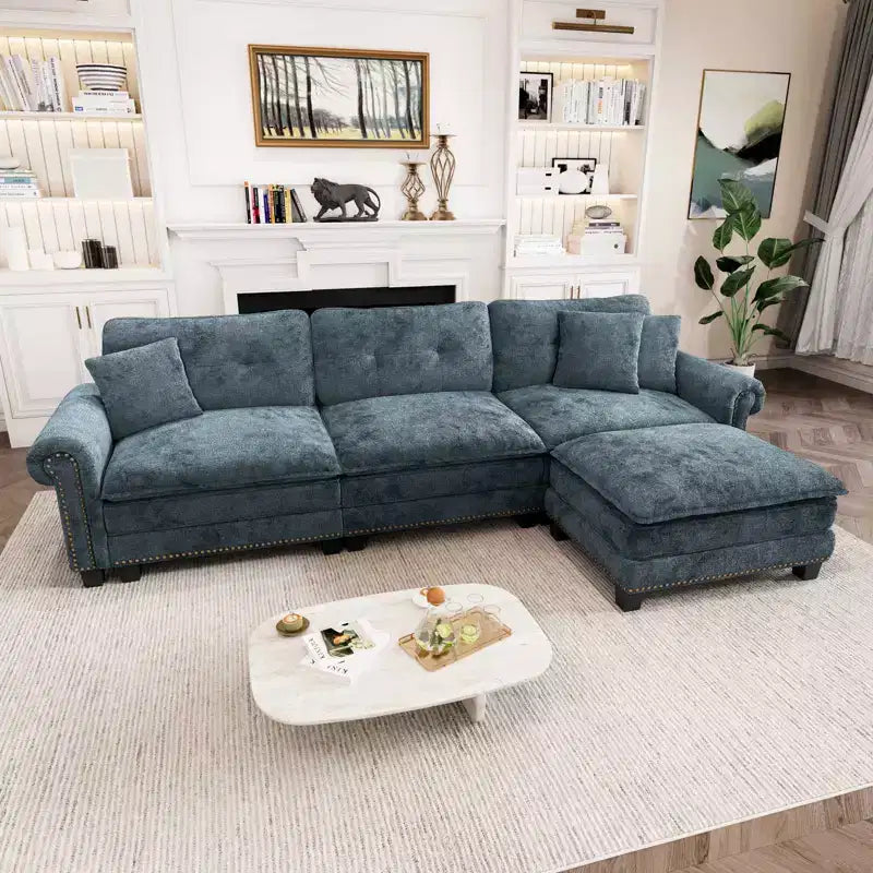 Canapé d'intérieur rembourré avec pouf, cadre en bois massif, assise à ressorts ensachés et coussins décoratifs