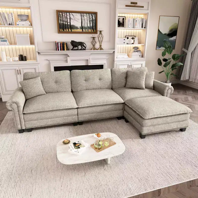 Canapé d'intérieur rembourré avec pouf, cadre en bois massif, assise à ressorts ensachés et coussins décoratifs