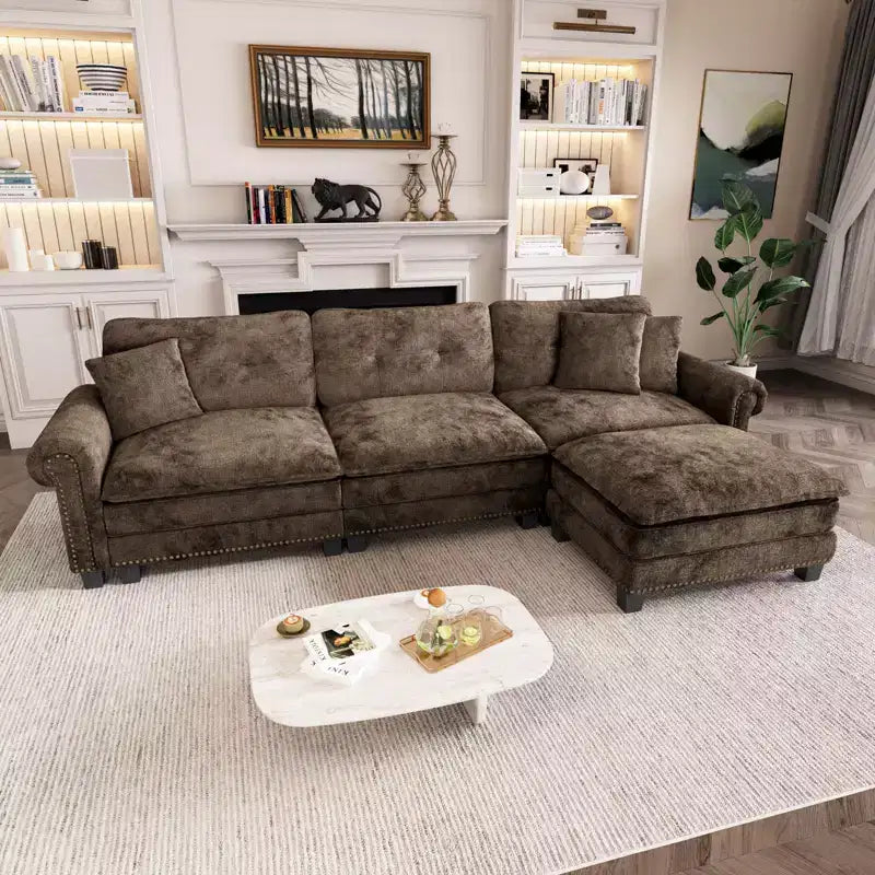 Canapé d'intérieur rembourré avec pouf, cadre en bois massif, assise à ressorts ensachés et coussins décoratifs