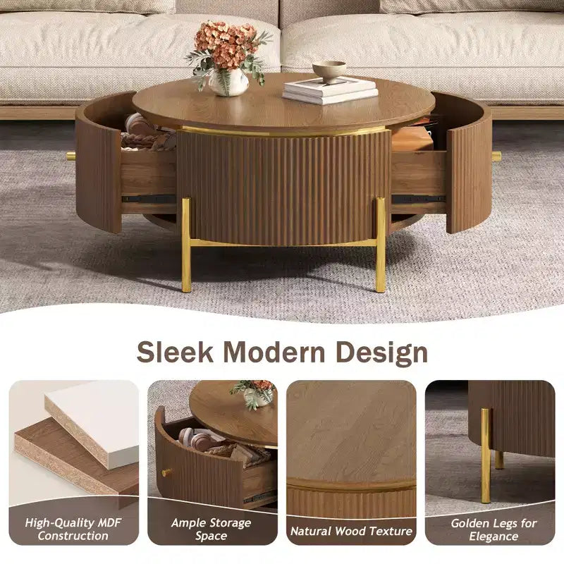 JVNOXK Modern Round Coffee Table with 2 Large Storage Drawers, 31.5 Accent Table for Living Room, Brown