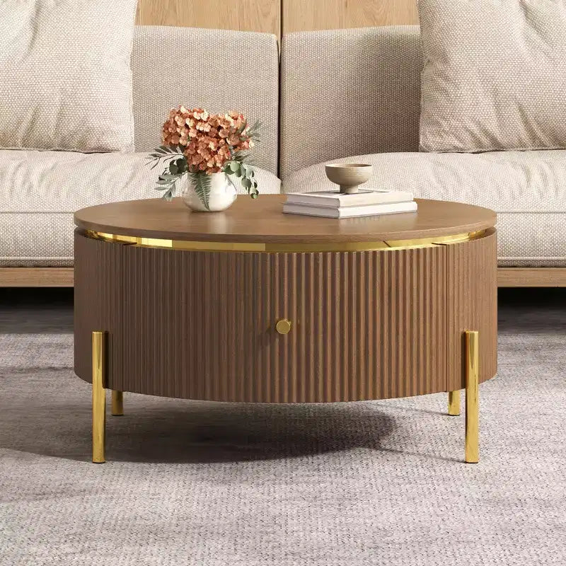 Table Basse Ronde Moderne avec 2 Grands Tiroirs de Rangement, Table d'Appoint de 80 cm pour Salon, Marron