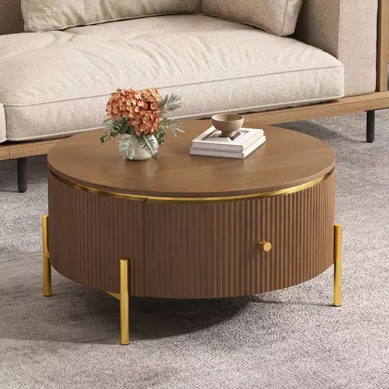 Table Basse Ronde Moderne avec 2 Grands Tiroirs de Rangement, Table d'Appoint de 80 cm pour Salon, Marron