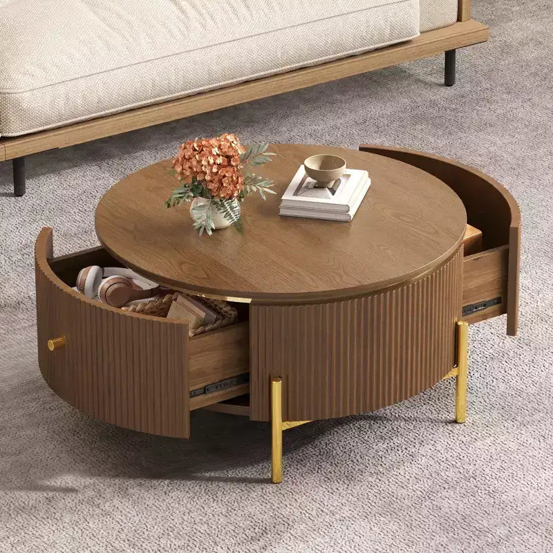 Table Basse Ronde Moderne avec 2 Grands Tiroirs de Rangement, Table d'Appoint de 80 cm pour Salon, Marron