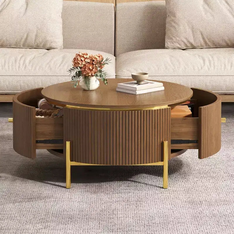 Table Basse Ronde Moderne avec 2 Grands Tiroirs de Rangement, Table d'Appoint de 80 cm pour Salon, Marron