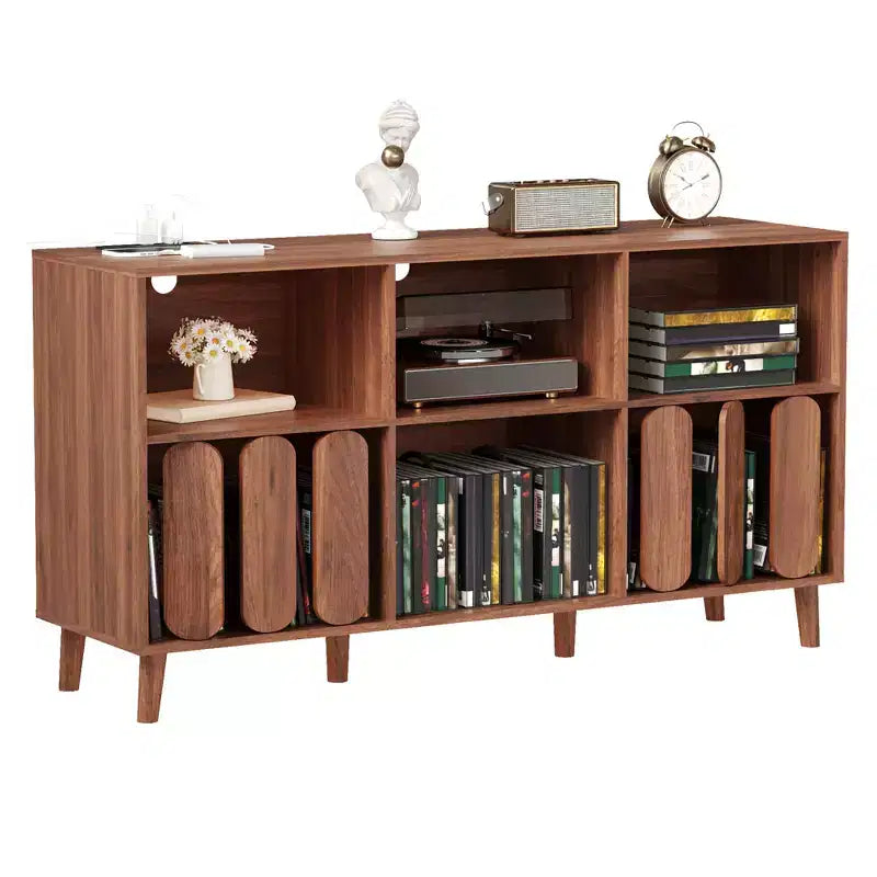 Modern 55 Wood Media Console w/ Charging Station, Power Outlets & 2 USB  Vinyl Record Storage, Mid-Century, Open Shelves  Natural Wood