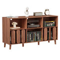 Modern 55 Wood Media Console w/ Charging Station, Power Outlets & 2 USB  Vinyl Record Storage, Mid-Century, Open Shelves  Natural Wood