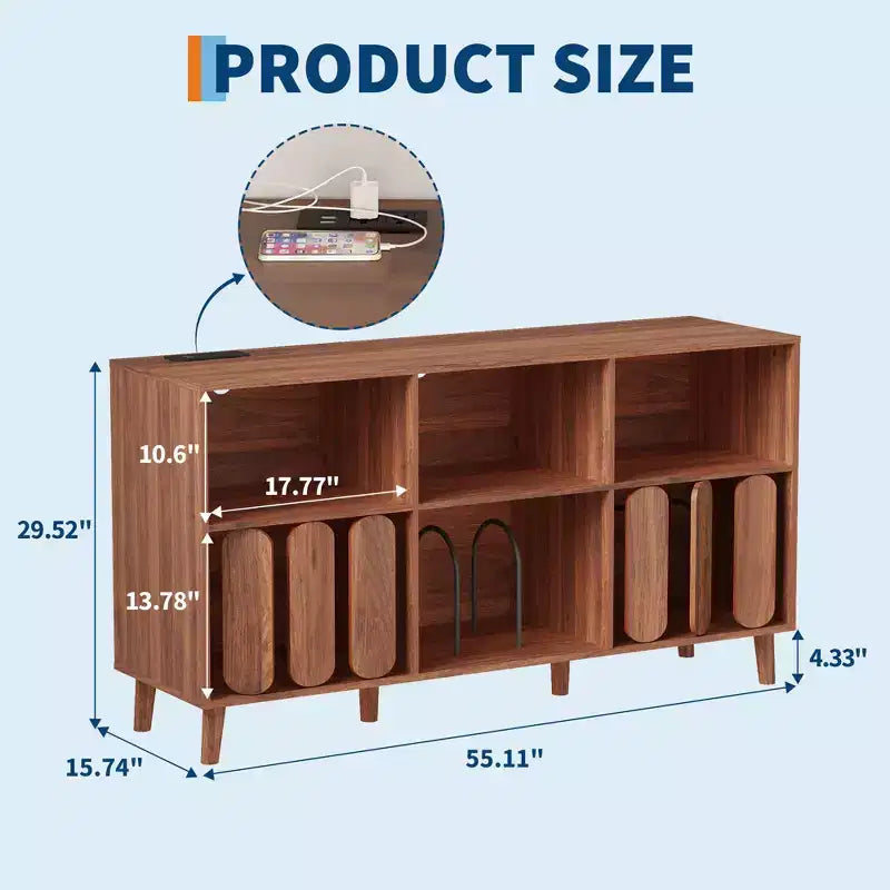 Meuble TV moderne de 55" en bois avec station de recharge, prises de courant et 2 ports USB, rangement pour vinyles, style Mid-Century, étagères ouvertes, bois naturel