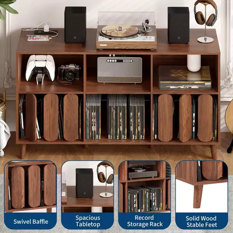 Meuble TV moderne de 55" en bois avec station de recharge, prises de courant et 2 ports USB, rangement pour vinyles, style Mid-Century, étagères ouvertes, bois naturel