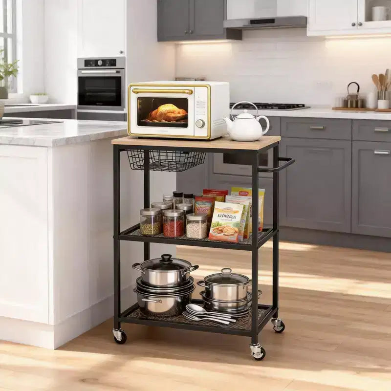 Vintage 3-Tier Rolling Kitchen Cart with Push Handle 2 Lockable Wheels Utility Microwave Stand Storage for Kitchen Island Coffee Bar Living Room