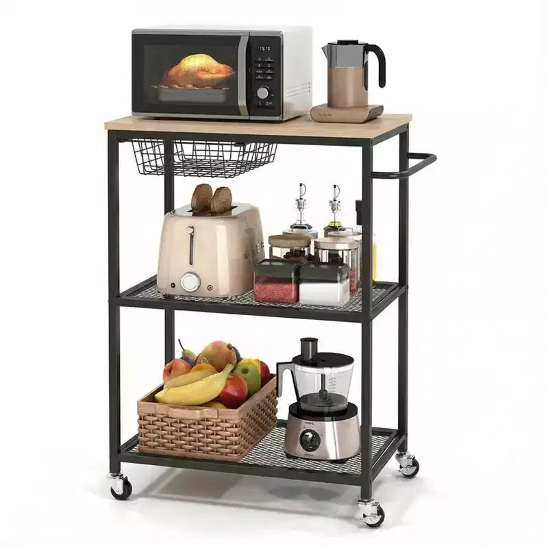 Desserte de cuisine vintage à roulettes à 3 niveaux avec poignée de poussée, 2 roues verrouillables, support utilitaire pour micro-ondes, rangement pour îlot de cuisine, bar à café, salon