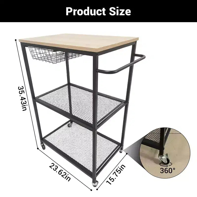 Desserte de cuisine vintage à roulettes à 3 niveaux avec poignée de poussée, 2 roues verrouillables, support utilitaire pour micro-ondes, rangement pour îlot de cuisine, bar à café, salon