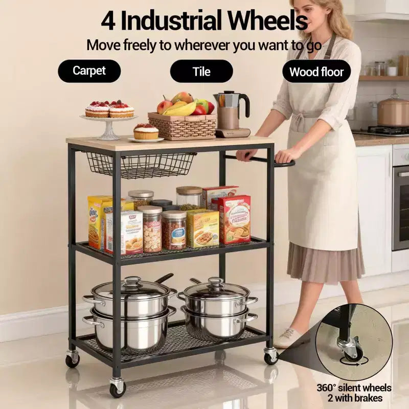Desserte de cuisine vintage à roulettes à 3 niveaux avec poignée de poussée, 2 roues verrouillables, support utilitaire pour micro-ondes, rangement pour îlot de cuisine, bar à café, salon