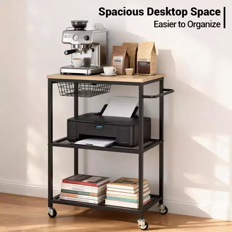 Desserte de cuisine vintage à roulettes à 3 niveaux avec poignée de poussée, 2 roues verrouillables, support utilitaire pour micro-ondes, rangement pour îlot de cuisine, bar à café, salon