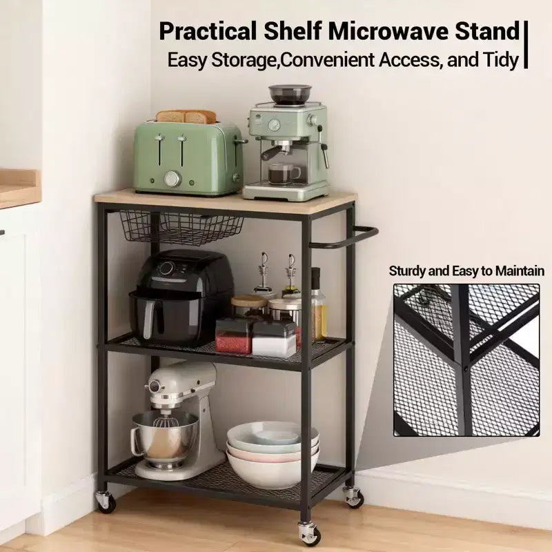 Desserte de cuisine vintage à roulettes à 3 niveaux avec poignée de poussée, 2 roues verrouillables, support utilitaire pour micro-ondes, rangement pour îlot de cuisine, bar à café, salon