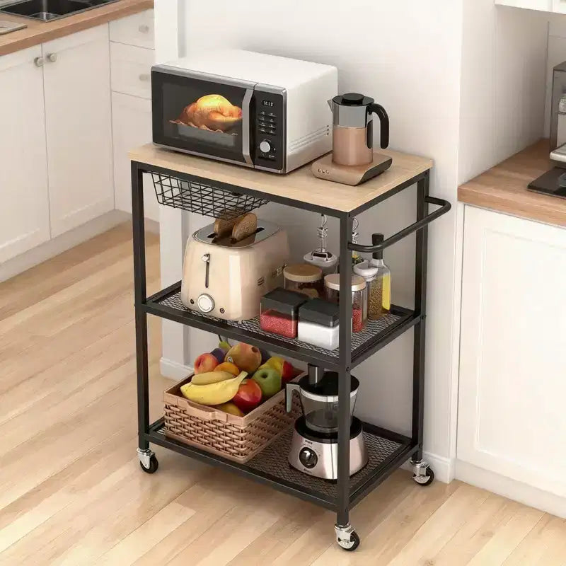 Desserte de cuisine vintage à roulettes à 3 niveaux avec poignée de poussée, 2 roues verrouillables, support utilitaire pour micro-ondes, rangement pour îlot de cuisine, bar à café, salon