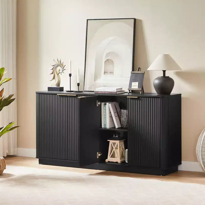 JVNOXK 63 Vertical Stripe Buffet Cabinet Sideboard with Storage, Curved Wave Design TV Stand for Living Room Bedroom Hallway, Black