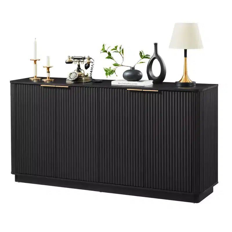 Buffet en bois à rayures verticales 63" avec rangement, meuble TV design ondulé pour salon, chambre et couloir, noir