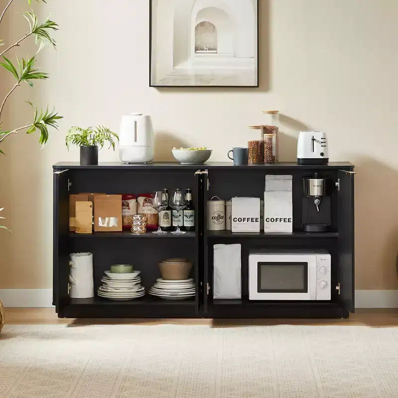 Buffet en bois à rayures verticales 63" avec rangement, meuble TV design ondulé pour salon, chambre et couloir, noir
