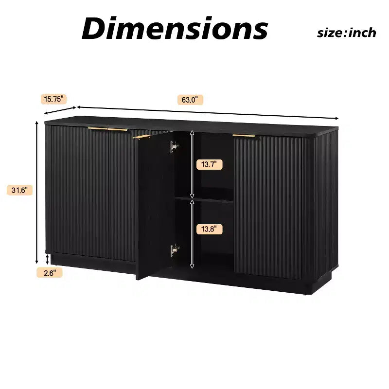Buffet en bois à rayures verticales 63" avec rangement, meuble TV design ondulé pour salon, chambre et couloir, noir