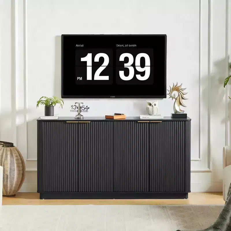 Buffet en bois à rayures verticales 63" avec rangement, meuble TV design ondulé pour salon, chambre et couloir, noir